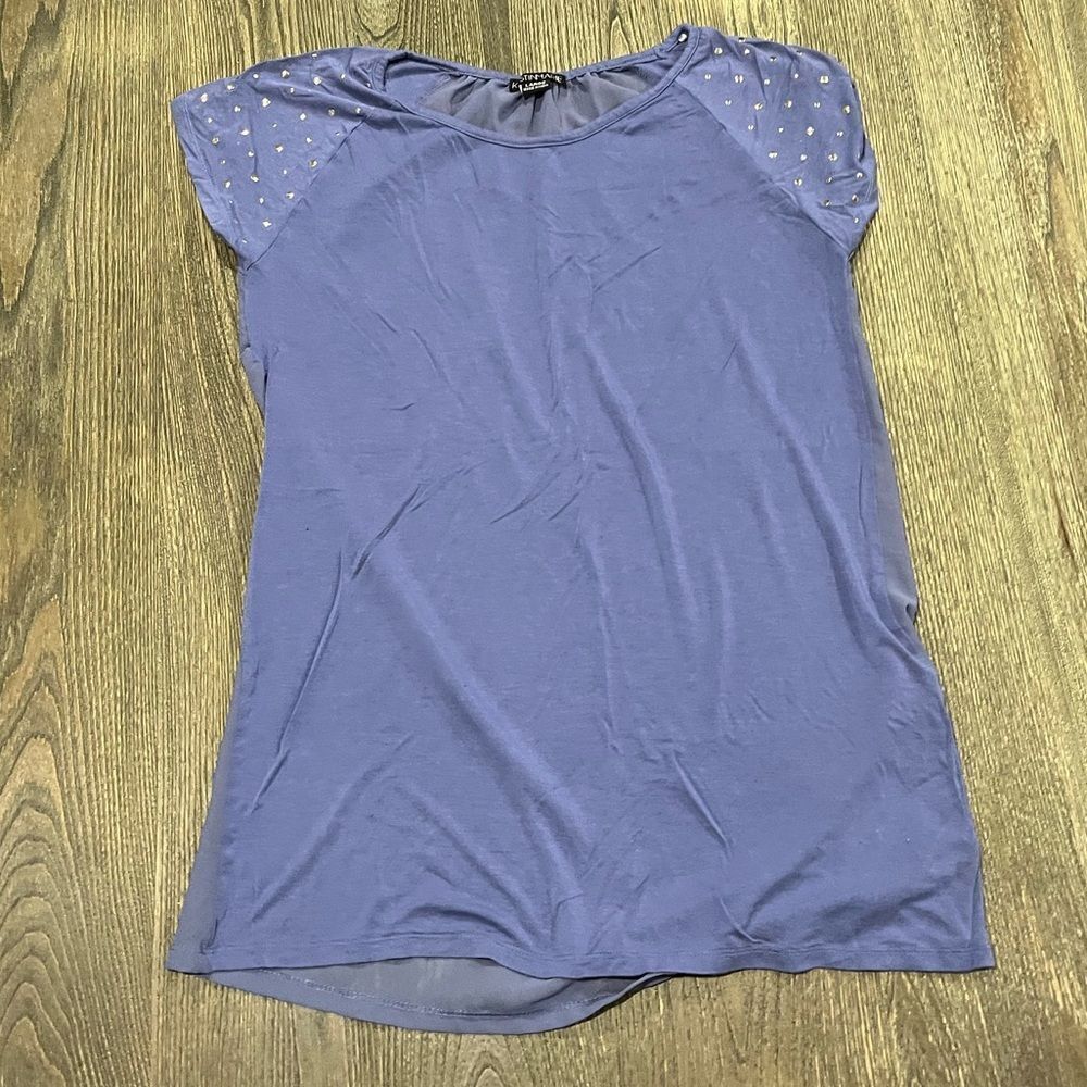 Kristin Marie Top Short Cap Sleeve Round Neck Pullover Stretch Purple Size L